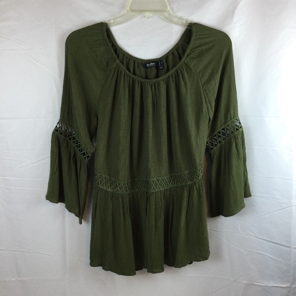 Du Jour Lined Peasant Blouse Bell Sleeves Embroidered Trim Olive Tunic Size M